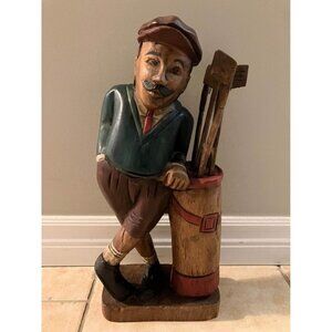16” Tall Beautiful Vintage wooden carved golfer statue figurine with golf kit